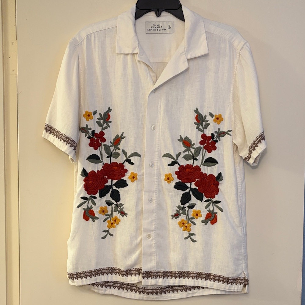 Abercrombie & Fitch White Linen Blend Embroidered Summer Shirt, Size S